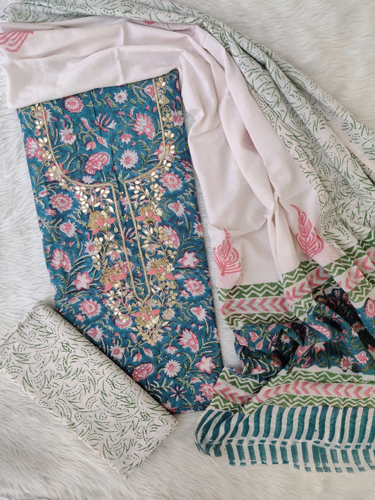 FLORAL PRINTED COTTON GOTA PATTI SUIT WITH COTTON DUPATTA