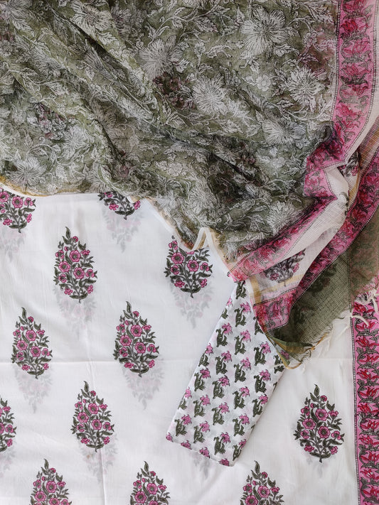 Hand Block Printed Cotton Suit with Cotton Kota Doria dupatta