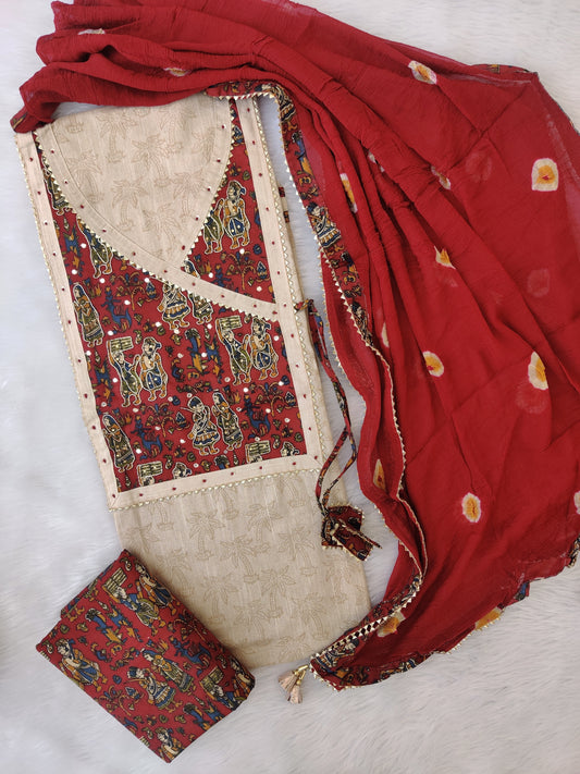 NEW LAUNCH            Exclusive Khadi Silk Unstitched Cotton Neck Work Suits with Bandhani Chiffon Dupatta