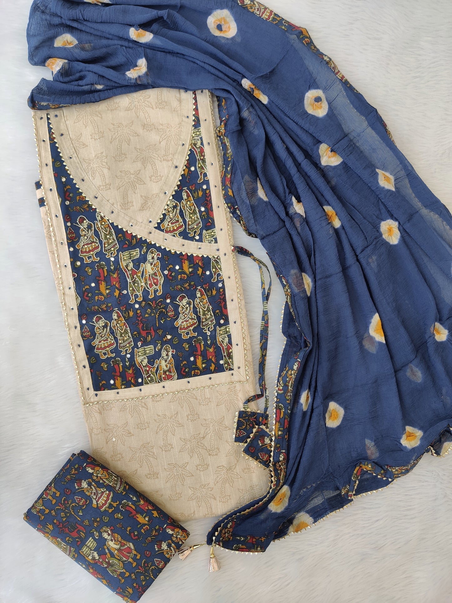 NEW LAUNCH            Exclusive Khadi Silk Unstitched Cotton Neck Work Suits with Bandhani Chiffon Dupatta