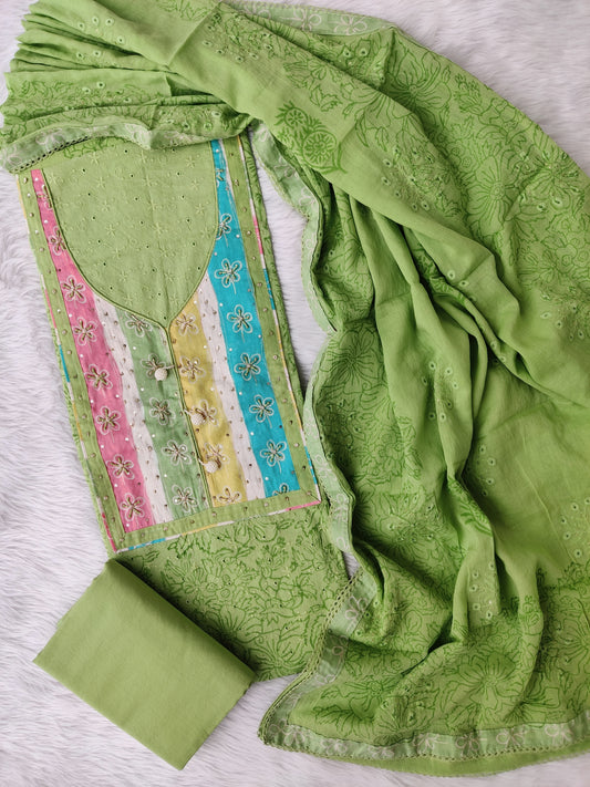 NEW LAUNCH            Exclusive Unstitched Cotton Neck Work Suits with Embroidery Cotton Dupatta