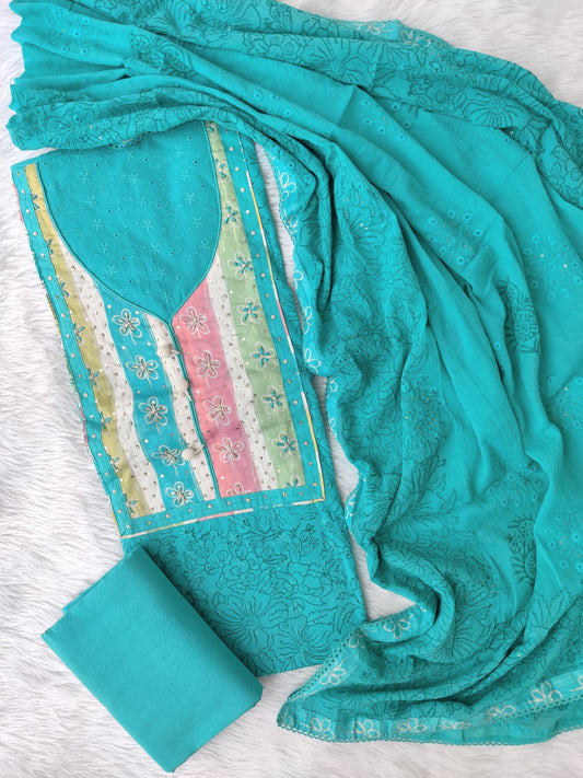 NEW LAUNCH            Exclusive Khadi Silk Unstitched Cotton Neck Work Suits with Embroidery Cotton Dupatta