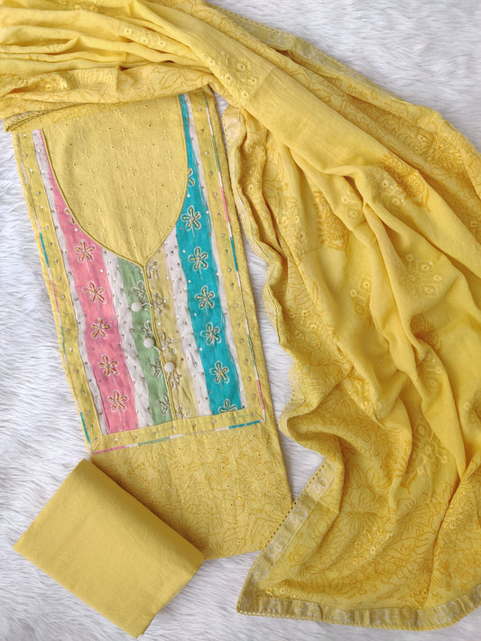 NEW LAUNCH            Exclusive Khadi Silk Unstitched Cotton Neck Work Suits with Embroidery Cotton Dupatta
