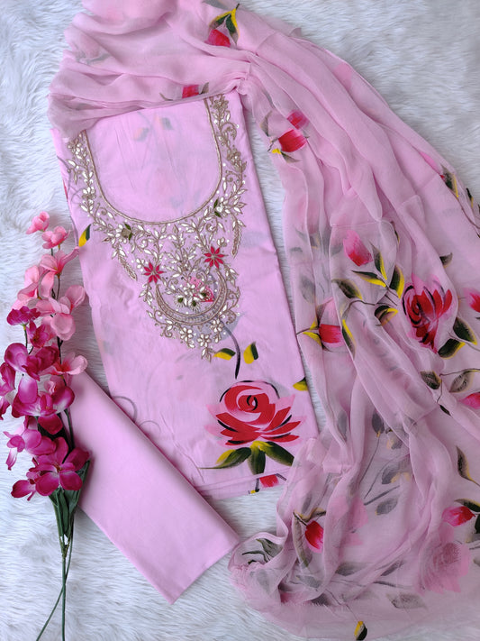 FLORAL PRINTED COTTON GOTA PATTI SUIT WITH CHIFFON DUPATTA