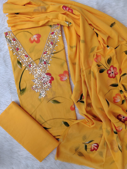 FLORAL PRINTED COTTON GOTA PATTI SUIT WITH COTTON DUPATTA