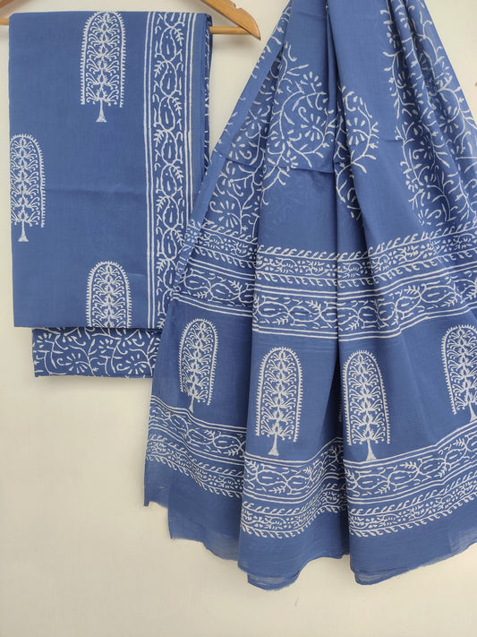 Hand Block Printed Unstitched Cotton Suit with Mulmul Dupatta1
