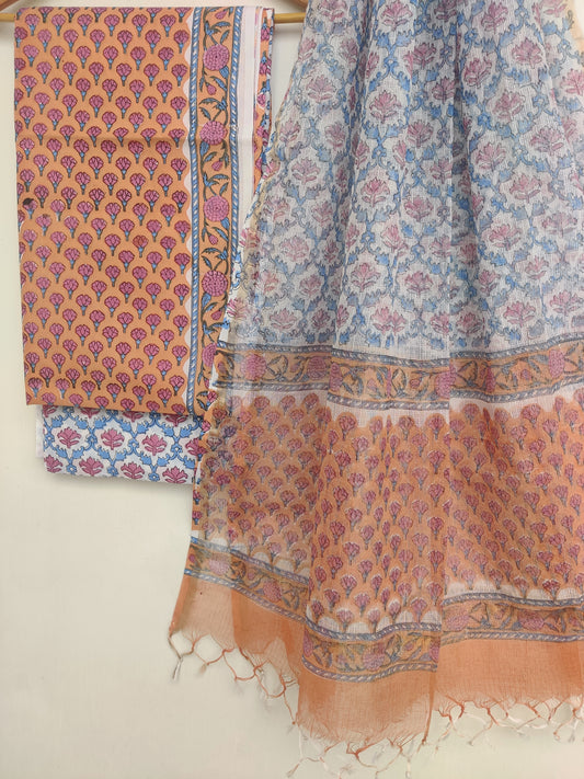 Hand Block Printed Cotton Suit with Cotton Kota Doria dupatta