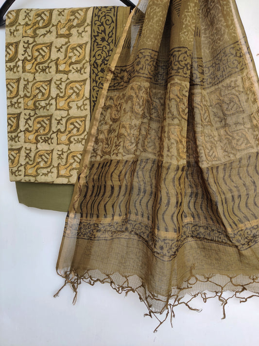 (VANASPATI) Block Printed Cotton Suit with Cotton Kota Doria dupatta