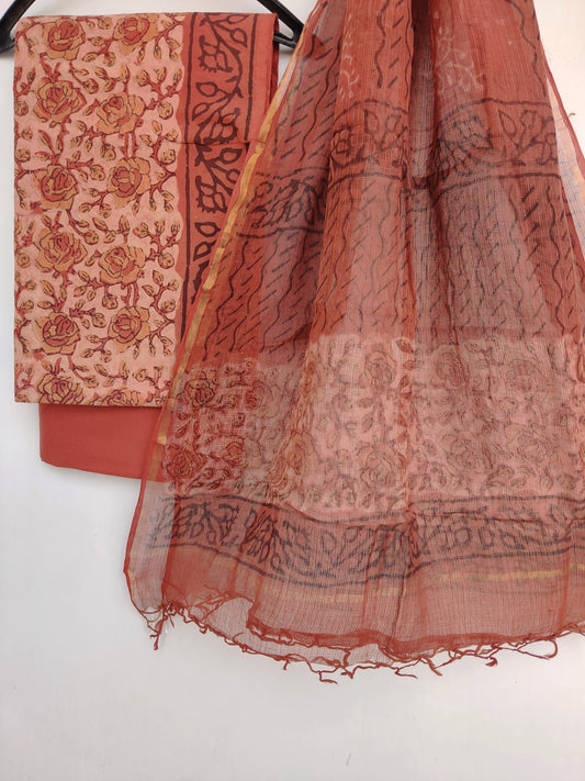(VANASPATI) Block Printed Cotton Suit with Cotton Kota Doria dupatta