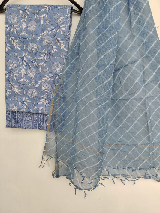 BLOCK PRINTED COTTON SUIT WITH LEHRIYA KOTA DORIA DUPATTA