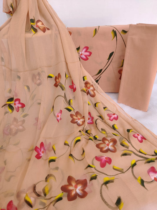 HAND PAINTED COTTON SUIT WITH PURE CHIFFON DUPATTA