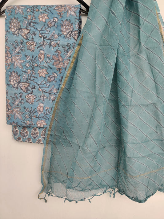 BLOCK PRINTED COTTON SUIT WITH LEHRIYA KOTA DORIA DUPATTA
