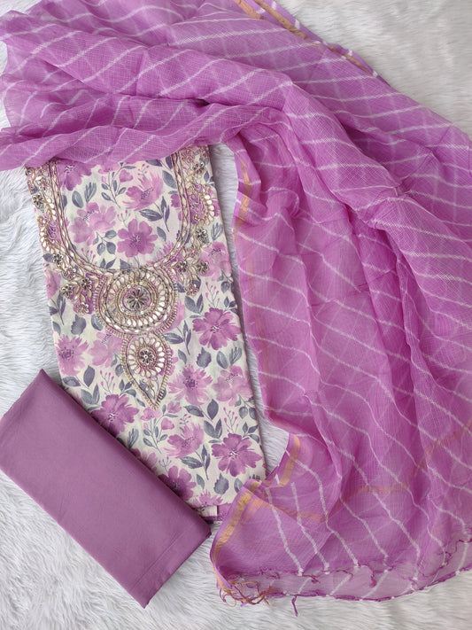 JAIPURI PRINTED GOTA PATTI NECK WORK SUITS WITH LEHRIYA KOTA DORIA DUPATTA