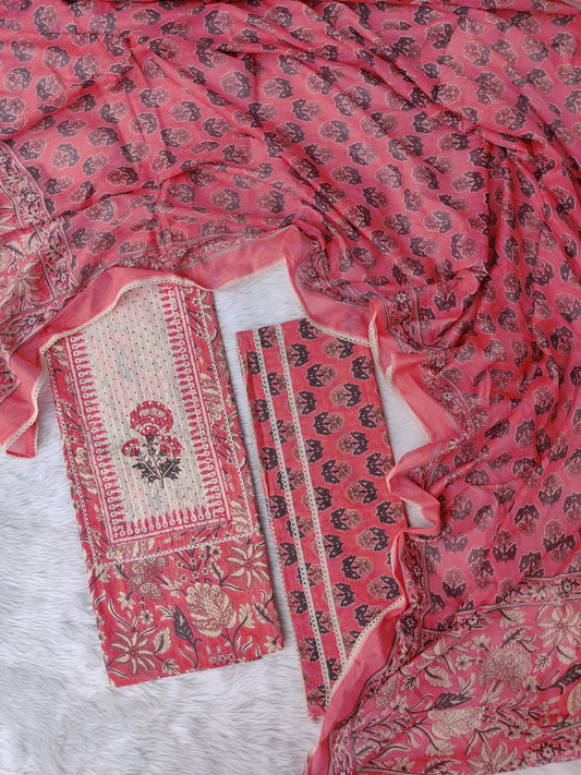 Cotton Printed Neck Work Suits with mulmul dupatta