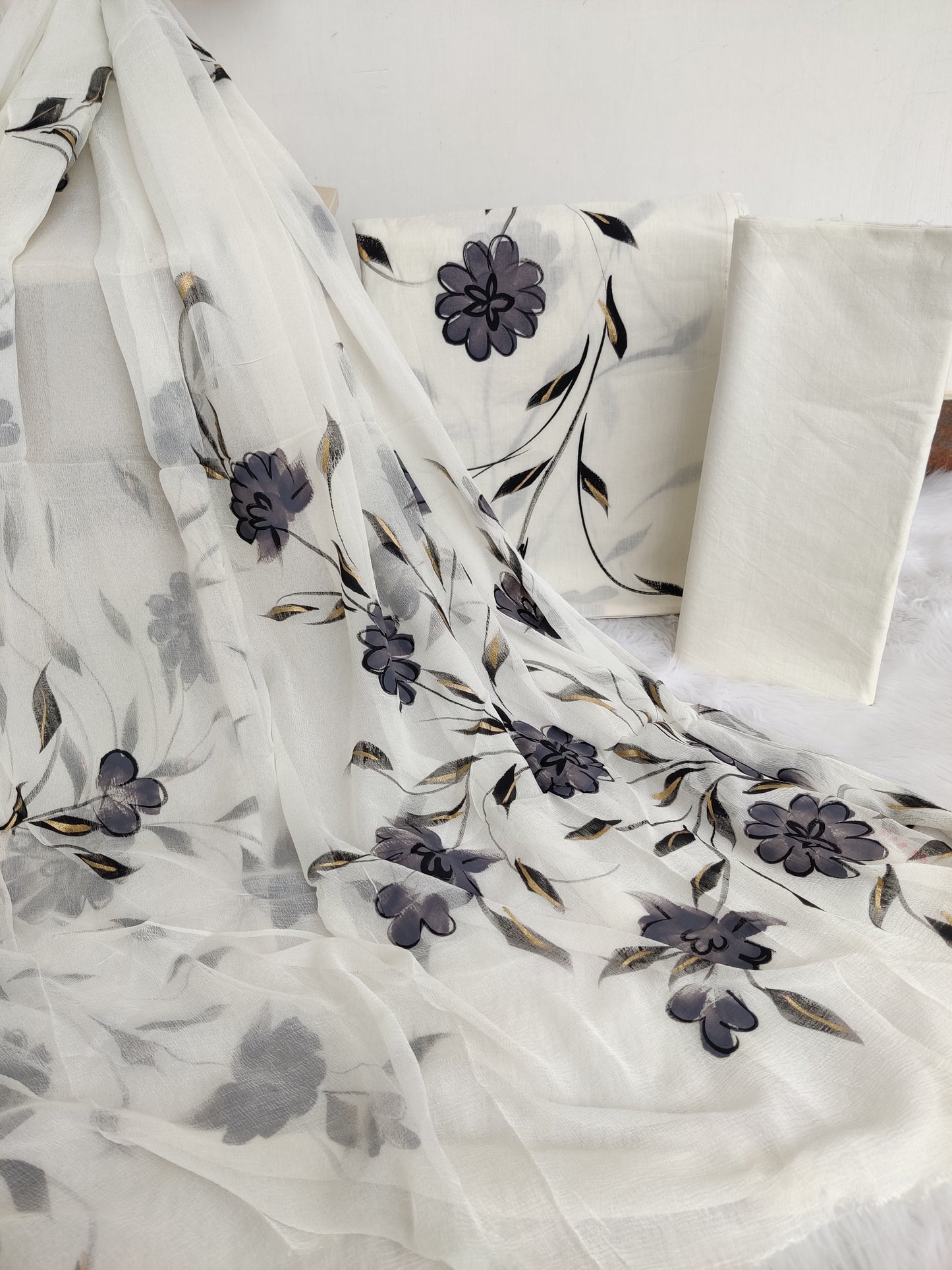 HAND PAINTED COTTON SUIT WITH PURE CHIFFON DUPATTA