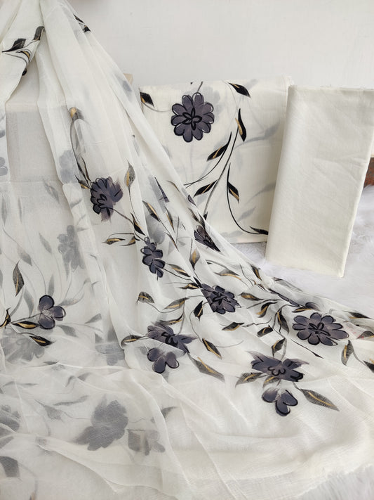 HAND PAINTED COTTON SUIT WITH PURE CHIFFON DUPATTA