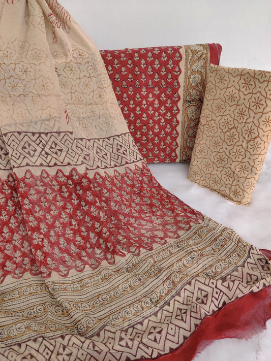 (KALAMKARI) HAND BLOCK PRINTED COTTON SUIT WITH PURE CHIFFON DUPATTA
