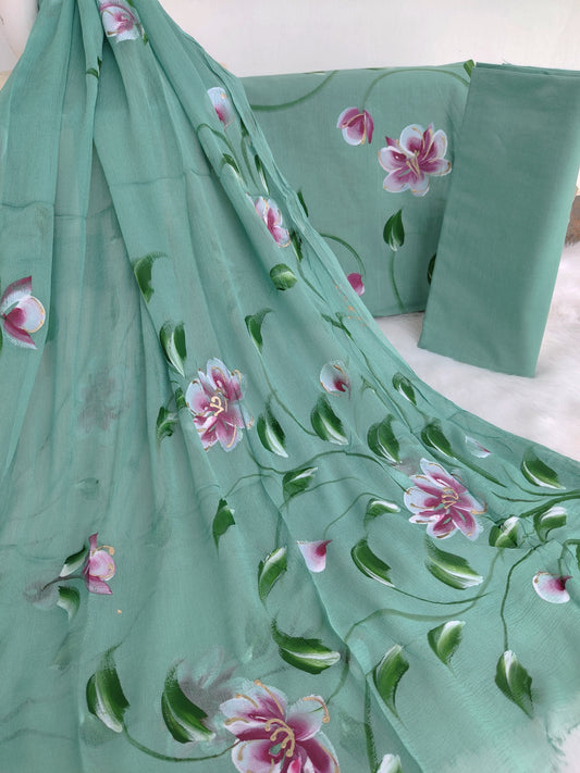 HAND PAINTED COTTON SUIT WITH PURE CHIFFON DUPATTA