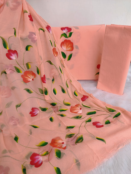 HAND PAINTED COTTON SUIT WITH PURE CHIFFON DUPATTA