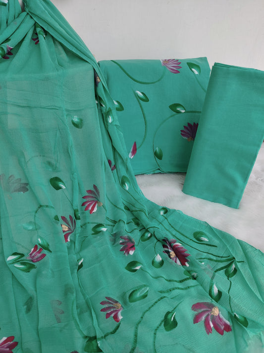 HAND PAINTED COTTON SUIT WITH PURE CHIFFON DUPATTA