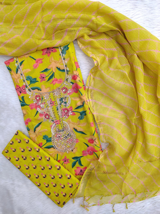 JAIPURI PRINTED GOTA PATTI NECK WORK SUITS WITH LEHRIYA KOTA DORIA DUPATTA