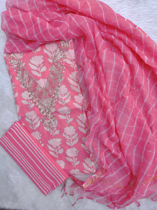 JAIPURI PRINTED GOTA PATTI NECK WORK SUITS WITH LEHRIYA KOTA DORIA DUPATTA