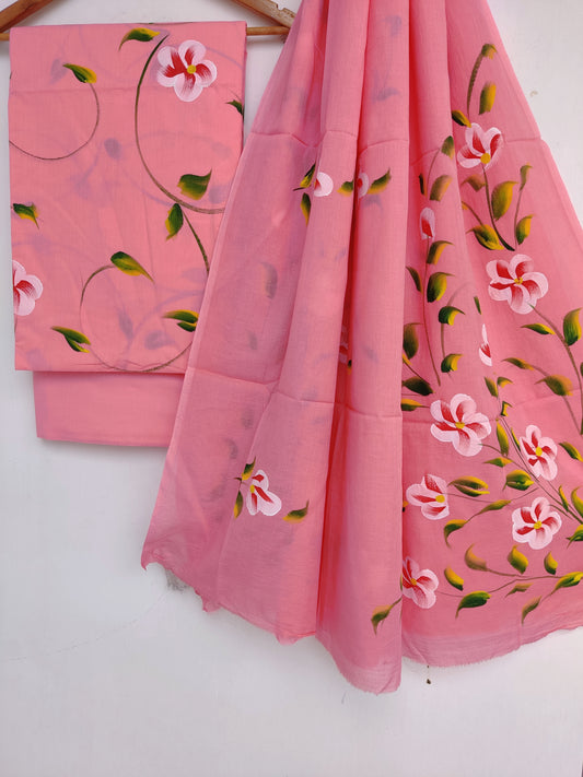 Hand Painted Cotton Suit With Mulmul Cotton Dupatta