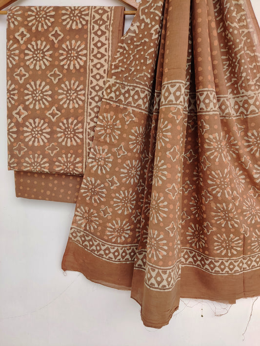 (DABU) Hand Printed Cotton Suit With Mulmul Cotton Dupatta