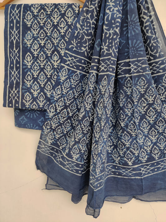(DABU) Hand Printed Cotton Suit With Mulmul Cotton Dupatta