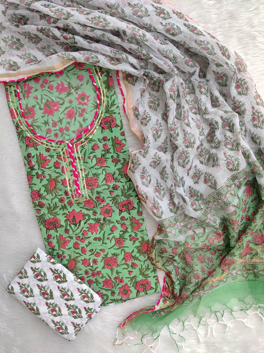 HANDBLOCK PRINTED NECK WORK SUITS WITH KOTA DORIA DUPATTA