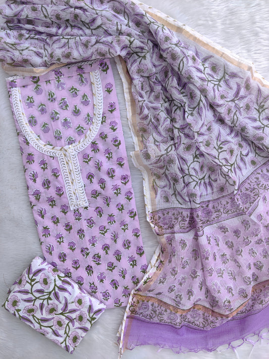 HANDBLOCK PRINTED NECK WORK SUITS WITH KOTA DORIA DUPATTA