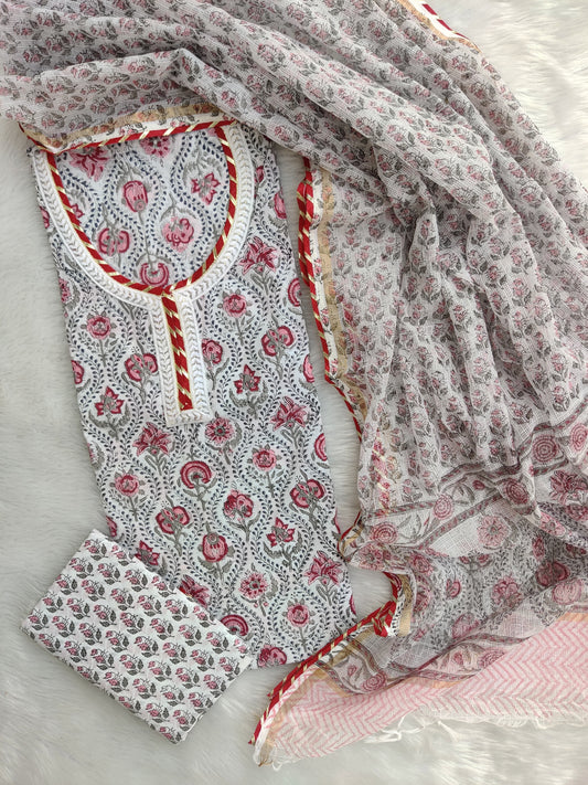 HANDBLOCK PRINTED NECK WORK SUITS WITH KOTA DORIA DUPATTA
