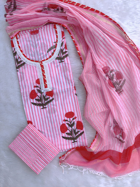 HANDBLOCK PRINTED NECK WORK SUITS WITH KOTA DORIA DUPATTA