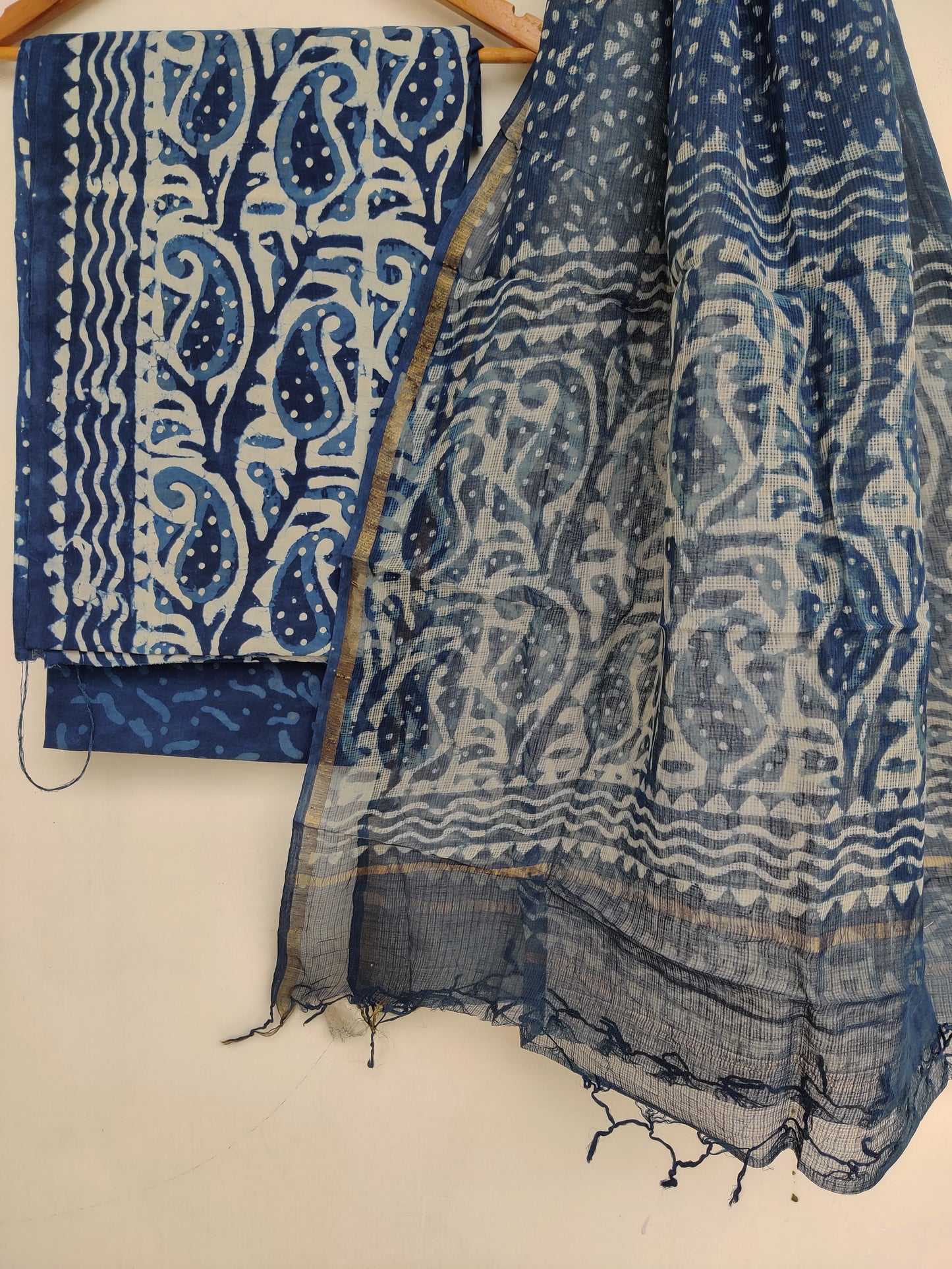 (DABU) Hand Block Printed Cotton Suit with Cotton Kota Doria dupattaa