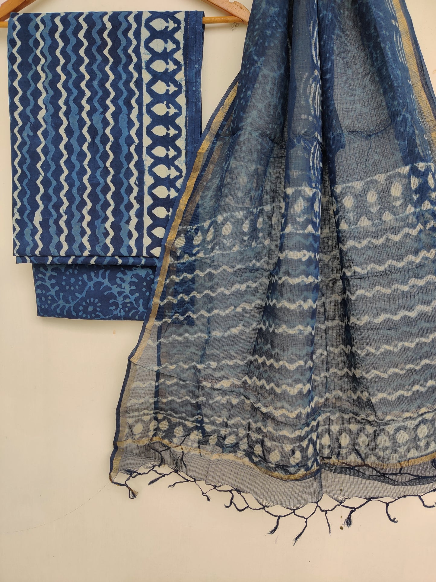 (DABU) Hand Block Printed Cotton Suit with Cotton Kota Doria dupattaa