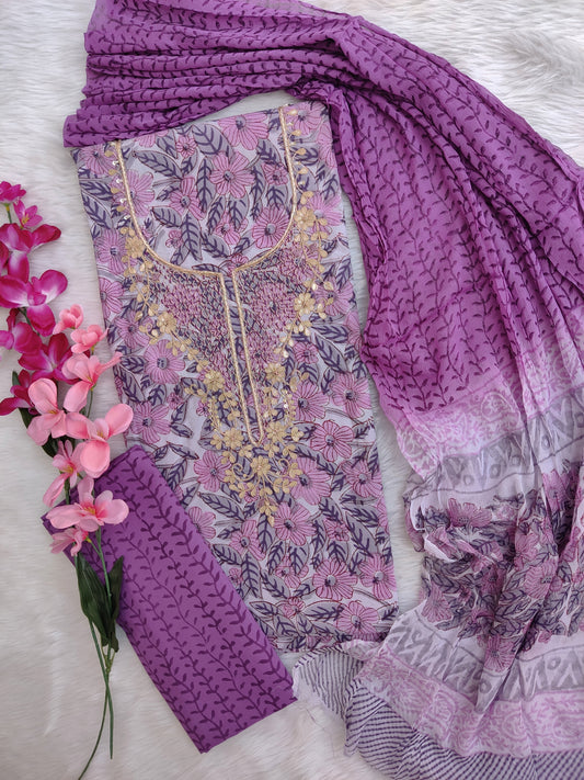 FLORAL PRINTED COTTON GOTA PATTI SUIT WITH CHIFFON DUPATTA
