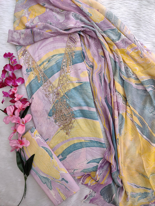 FLORAL PRINTED COTTON GOTA PATTI SUIT WITH CHIFFON DUPATTA