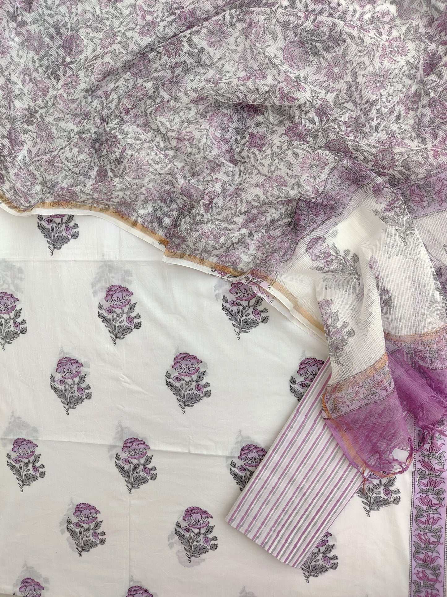 Hand Block Printed Cotton Suit with Cotton Kota Doria dupatta