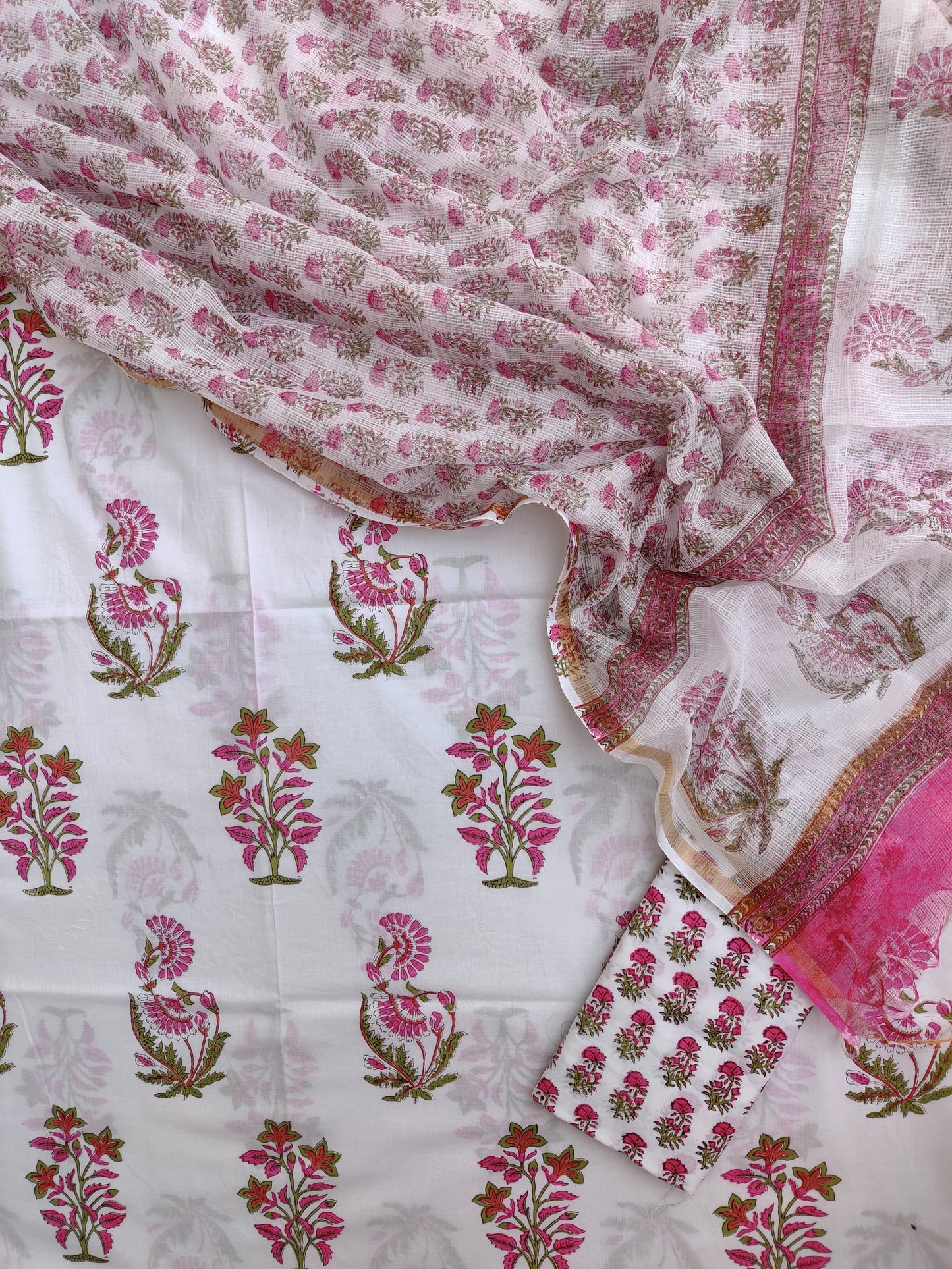 Hand Block Printed Cotton Suit with Cotton Kota Doria dupatta