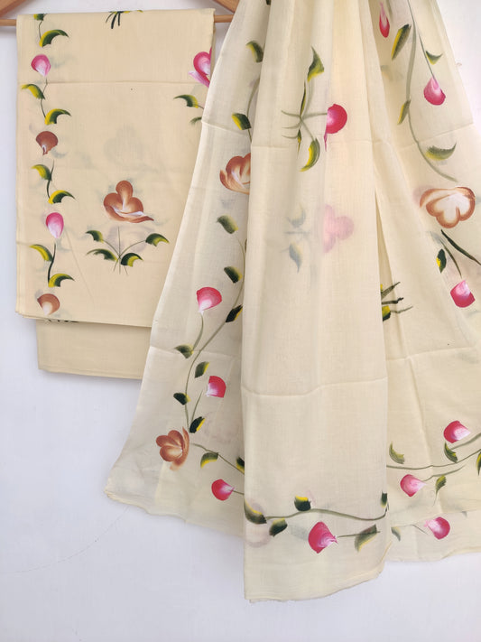 HAND PAINT Cotton Suit with Mulmul dupatta