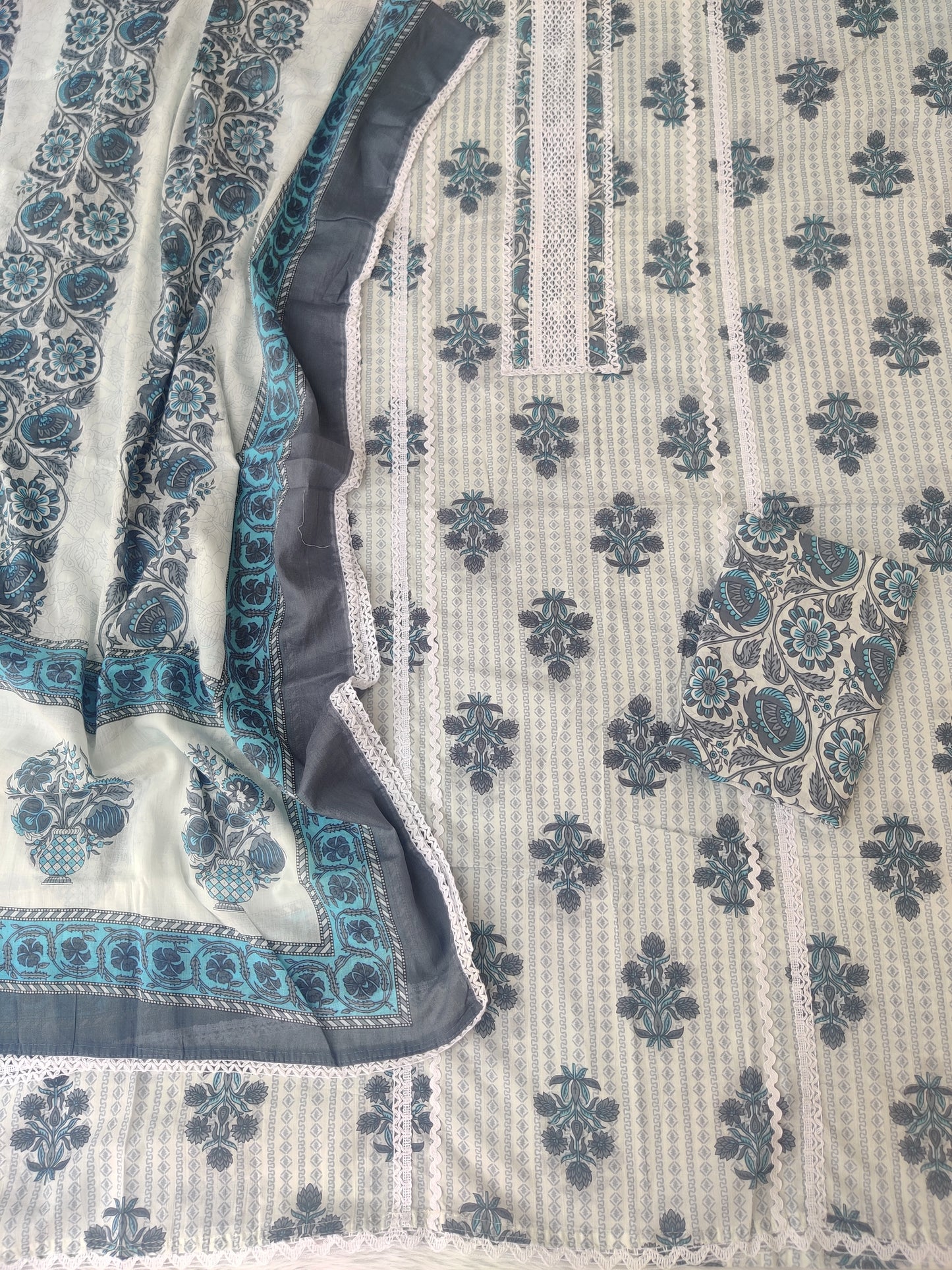 JAIPURI PRINTED CROCHET NECK WORK SUITS WITH MULMUL DUPATTA