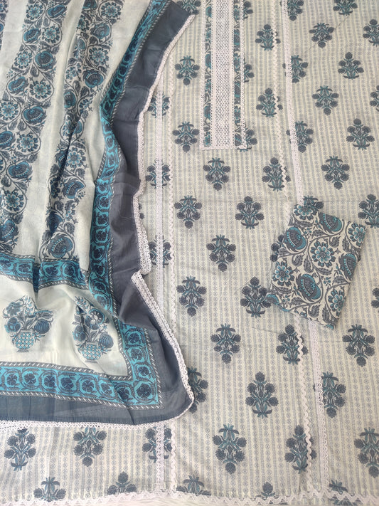 JAIPURI PRINTED CROCHET NECK WORK SUITS WITH MULMUL DUPATTA