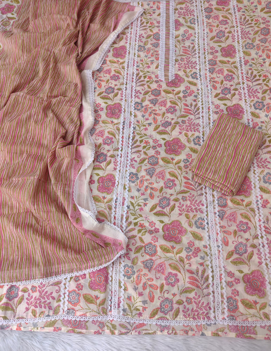JAIPURI PRINTED CROCHET NECK WORK SUITS WITH MULMUL DUPATTA