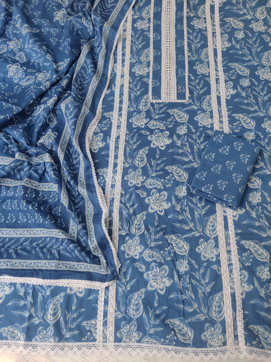 JAIPURI PRINTED CROCHET NECK WORK SUITS WITH MULMUL DUPATTA