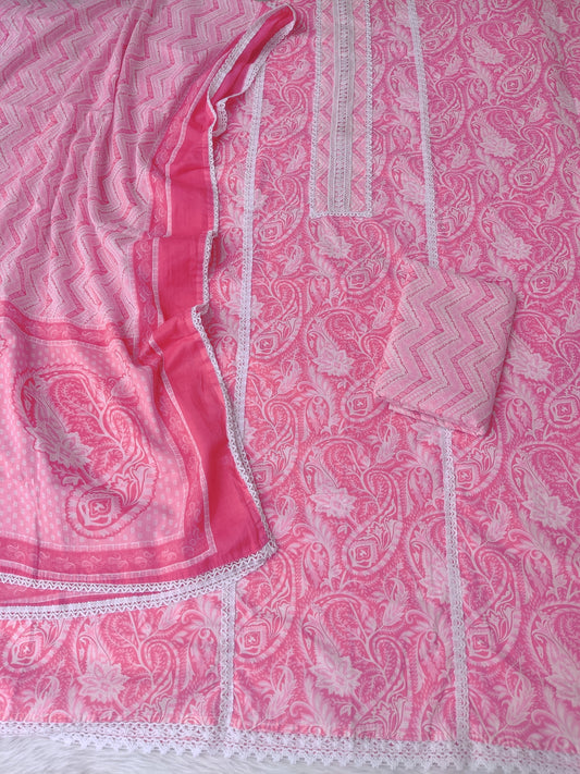 JAIPURI PRINTED CROCHET NECK WORK SUITS WITH MULMUL DUPATTA