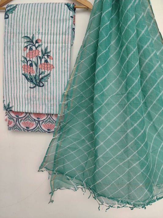 BLOCK PRINTED COTTON SUIT WITH LEHRIYA KOTA DORIA DUPATTA