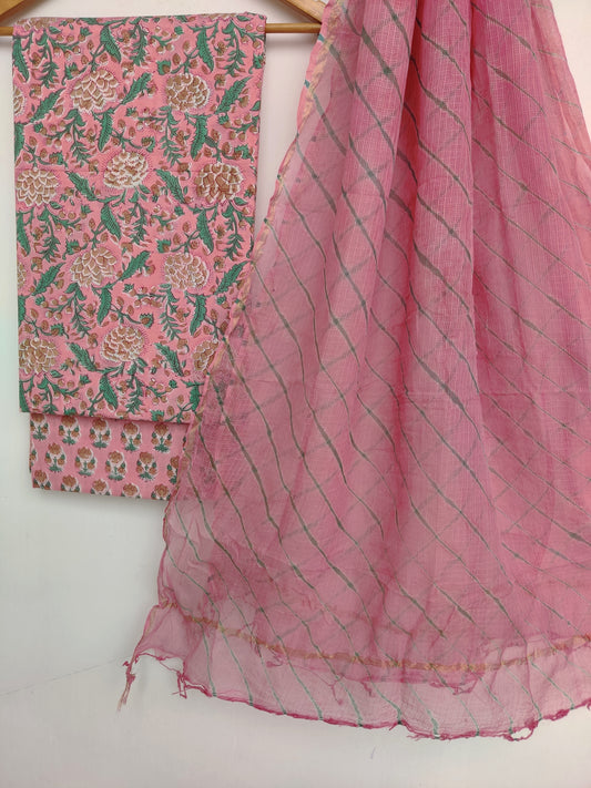 BLOCK PRINTED COTTON SUIT WITH LEHRIYA KOTA DORIA DUPATTA