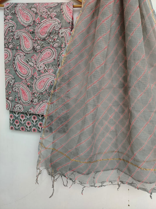 BLOCK PRINTED COTTON SUIT WITH LEHRIYA KOTA DORIA DUPATTA
