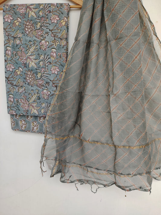 BLOCK PRINTED COTTON SUIT WITH LEHRIYA KOTA DORIA DUPATTA