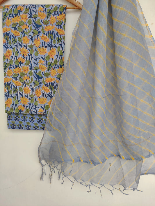 BLOCK PRINTED COTTON SUIT WITH LEHRIYA KOTA DORIA DUPATTA